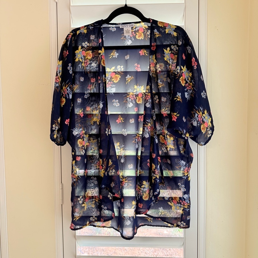 Dizzy Gal Navy Floral Kimono Cover Up Sheer Chiffon Bathing Suit Medium